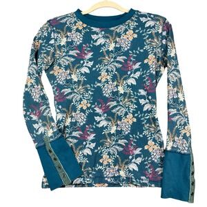 Sundance Top Womens XS Teal Cotton Floral Long Sleeve Button Cuff Blouse